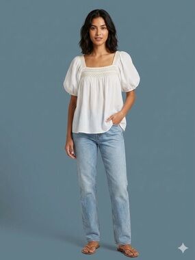 Anthropologie Cream Puff-Sleeve Smocked Square-Neck Blouse